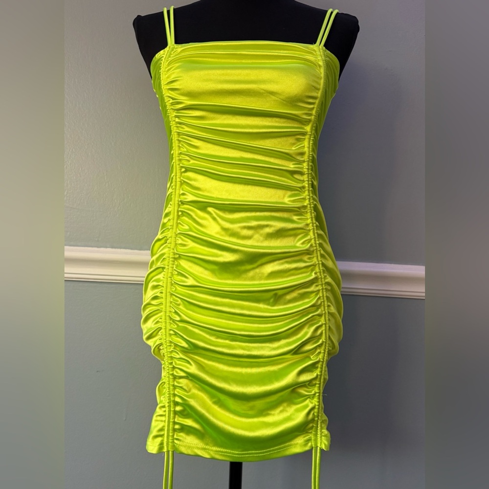 Love & Other Things Neon Green Ruched Mini Dress M